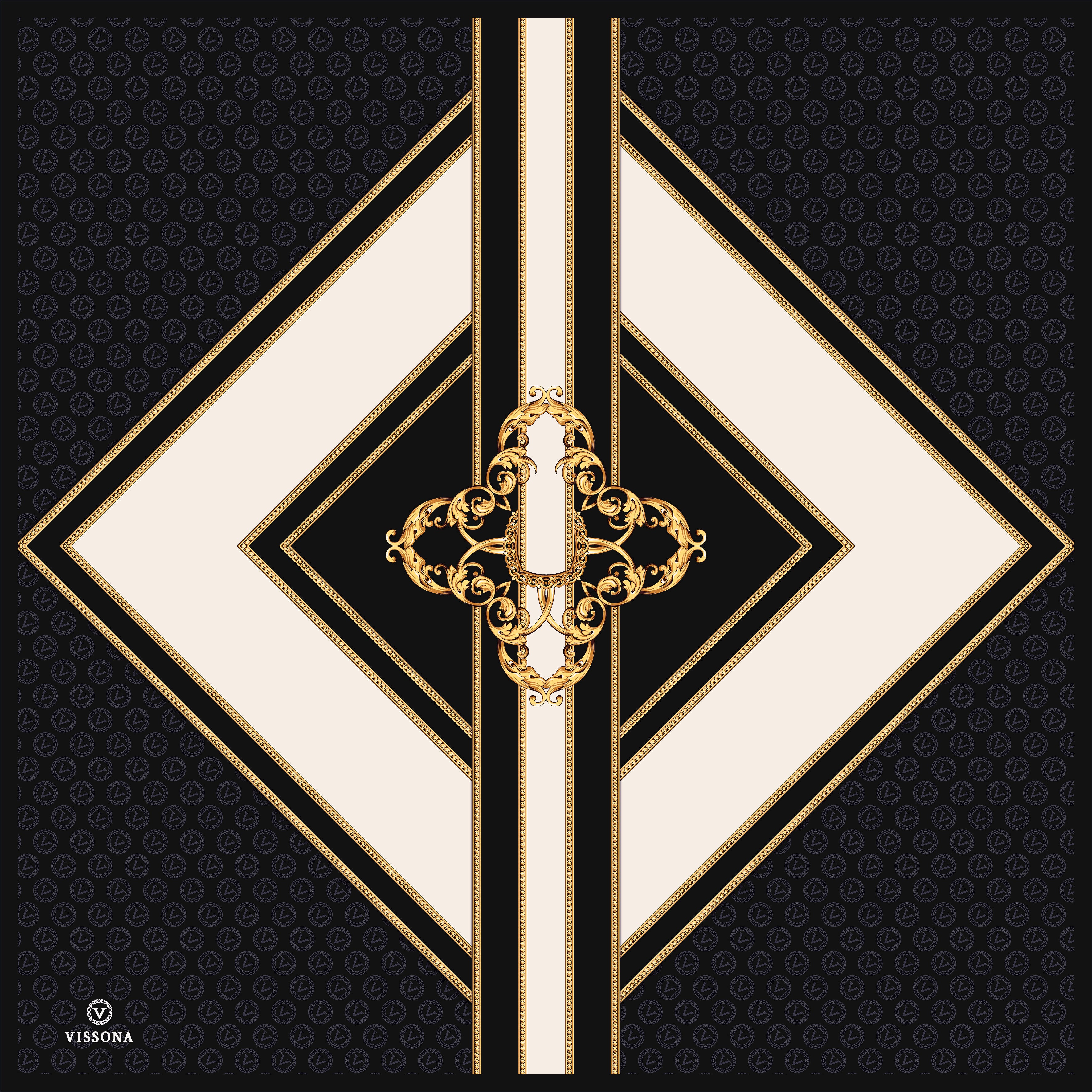 Large Pure Silk Scarf for Women - Elegant Black Gold Geometric Print - 100% Natural Twill Silk - Hand-Rolled Hem - Luxury Gift Boxed