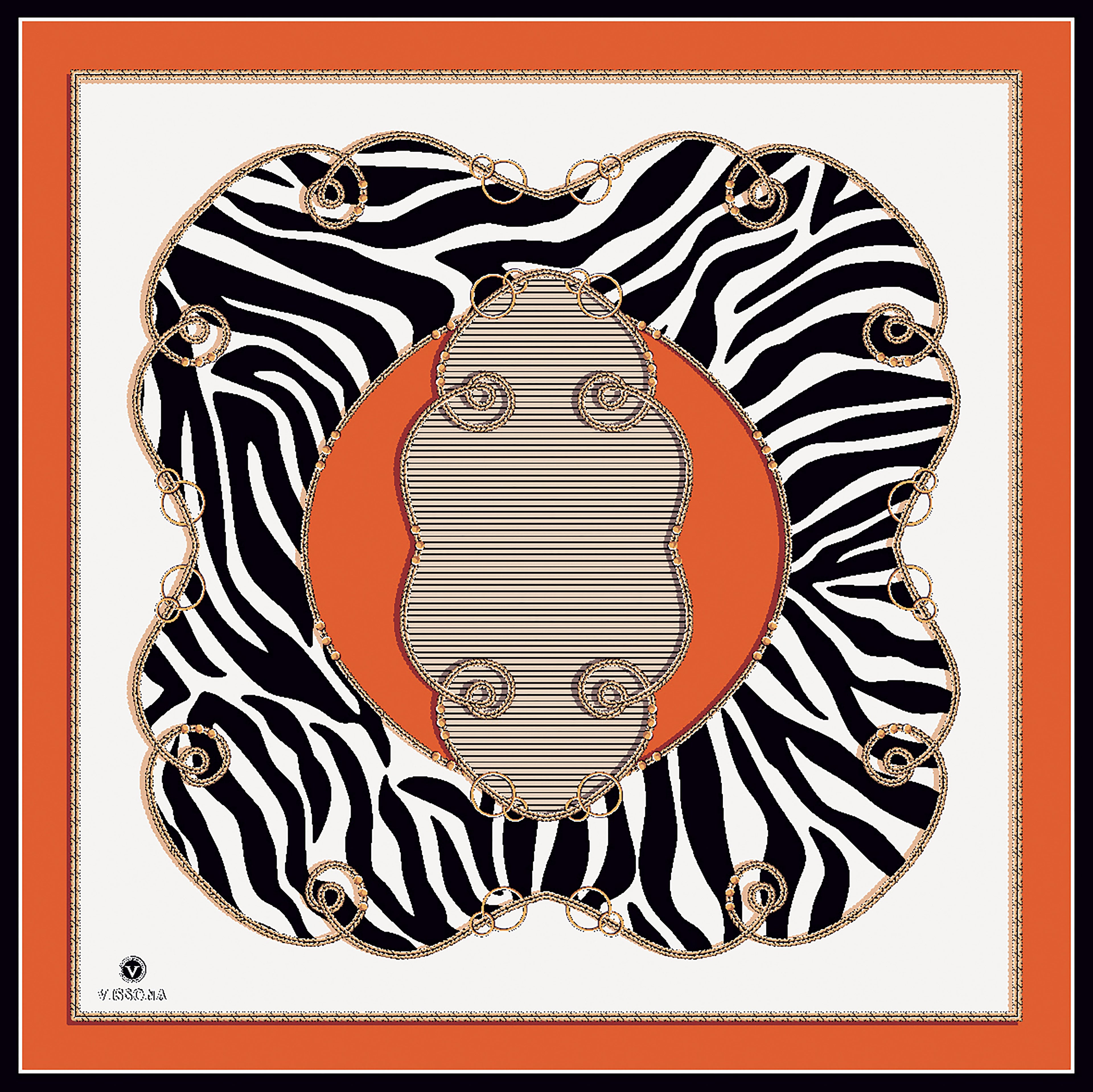 100% Twill Silk Geometric Patterned Scarf - Beige & Copper 35x35 inch (90x90 cm) - Hand-Rolled Edges